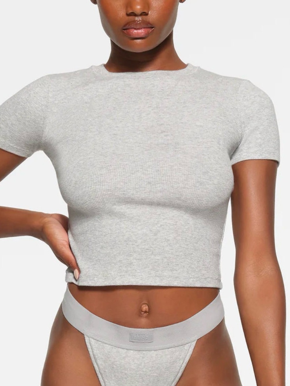 SKIMS Gray Ribbed Short Sleeve Top (Light Gray) - Picture 2 of 5